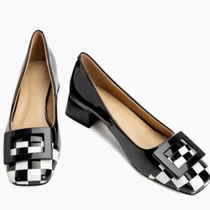 NWOT Square Buckle Checkered Patent Low Heel Flats - Black/White (Free Earrings)